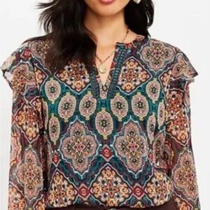 Ann Taylor Loft Tapestry Ruffle Split Neck with embroidery